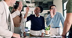 Business, success or happy people with high five in office for meeting, good job or well done. Excited, group or team winning with smile or fist pump in workplace for achievement or bonus celebration