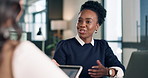 Business, woman and discussion with laptop in office for company proposal or project together. Female people, employees or conversation with technology or tasks for ideas, improvement or development