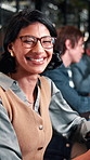 Pride, smile or woman in office with face, advertisement specialist or ambition in business growth. Happy, confidence or brand clerk with meeting, campaign expert or about us in marketing agency.