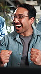 Excited, man and laptop with office celebration for campaign launch success, good news or high five. Marketing manager, team or fist pump with applause at tech for pitch approval, ad growth or happy
