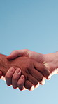 Meeting, handshake or business people with agreement for recruitment deal, b2b or partnership, Blue sky, employees or shaking hands with partner for onboarding process, hiring or job opportunity