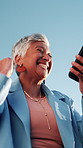 Business, winning and happy woman with phone for lottery prize, promotion or outdoor success. Excited, mature or female person with smile, fist pump or blue sky for victory, achievement or good news