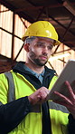 Tablet, architect and man at construction site, project development and building review. Reading, tech and engineer with online design, maintenance schedule or scroll with safety compliance report