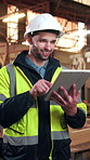 Tablet, woodwork and man at factory for manufacturing, project development and order stock. Smile, tech and carpenter in workshop with online design, craft or timber inventory for joinery production