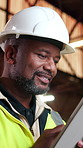 Tablet, engineer and happy black man with architecture plan, building review and construction site. Smile, tech and mature architect with online design, renovation update or project evaluation