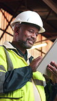 Tablet, engineer and happy black man at construction site, project development and building review. Smile, tech and mature architect with online design, maintenance schedule or safety compliance