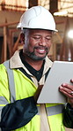 Tablet, engineer and happy black man with development plan, building review and construction site. Laugh, tech and mature architect with online design, renovation update and project evaluation