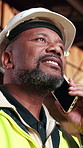 Phone call, black man and civil engineer on site with feedback on property development or repairs. Cellphone, contact and construction worker on mobile discussion for building approval from below.