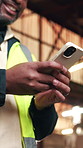 Phone, man and construction worker on site with typing, texting and email for building approval. Technology, happy and civil engineer with cellphone for feedback on property renovation on mobile app.