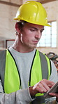Man, carpenter and reading in workshop with tablet, research and timber inventory for production. Employee, checklist and digital in warehouse for carpentry, lumber order and manufacturing furniture