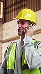 Phone call, man and construction worker on site with feedback on property development or repairs. Cellphone, communication and civil engineer on mobile discussion for building approval from below.
