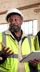 Carpentry, tablet and men in factory with discussion, safety check or quality control in timber warehouse. Maintenance, checklist or tech for team, management or conversation in woodwork compliance