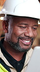 Tablet, architect and happy black man with building plan, development review and construction site. Laugh, tech and mature contractor with online design, renovation update and project evaluation
