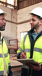 People, carpenter and talking in workshop with tablet, research and timber inventory for production. Team, discussion and digital in warehouse for carpentry, lumber order and manufacturing furniture