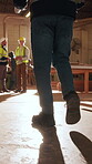 Carpentry, legs or people in factory with inspection, safety check or quality control in timber warehouse. Maintenance, team or meeting with walk, operation track or evaluation in woodwork compliance