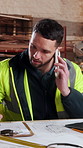 Laptop, clipboard or man with phone call in carpentry for custom project, timber order or workshop. Shopfitting, carpenter or mobile chat for material checklist, delivery schedule or supplier contact