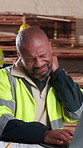 Neck pain, man and construction worker on site with injury, accident or medical emergency. Hurt, stress and mature civil engineer with massage for muscle sprain, inflammation or fibromyalgia.