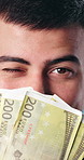 Man, face and hide with money fan for secret earnings, illegal gambling and laundering payout. Investor person, wink and cover with cash for investment income, tax evasion and cashback with euros