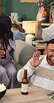 Home, high five and friends on sofa for sports game, match and team support for tournament. Excited, happy and people with fist pump, celebrate and streaming competition for victory, event and goal