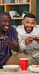 Happy, home and friends on sofa for video games, online competition and playing together for bonding. House, relax and men with controller for entertainment, virtual challenge and hangout on weekend