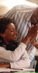 Boy, headphones and high five with dad for elearning, virtual lesson or online help in home. African family, student and digital tech for distance learning, education app or father for achievement