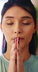 Meditation, yoga and woman in home with exercise for wellness, zen or self care and fitness. Namaste, calm and female person with prayer hands in house for holistic health, balance and peace