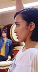 Japanese woman, teacher and people with drum sticks in class for taiko tradition, culture or practice. Learning, asian musician or female person with skill for music lesson, sound or percussion art