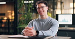 Happy, documents and face of businessman in office for trading report for stock market analysis. Smile, glasses and portrait of financial advisor with confidence for investment planning in workplace.