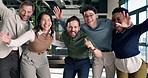 Excited, business people and face in office for career pride, about us and happy in real estate company. Portrait, team and energy with ambition, collaboration and realtor for listing opportunity