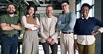 Happy, business people and face in office for career pride, about us and confidence in real estate company. Portrait, team and smile with ambition, collaboration and realtor for listing opportunity