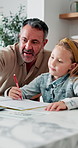 Father, child and elearning with tech in home school for development, talking or study together. Girl, parent and help for online education with book, teaching knowledge and tutoring with homework