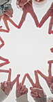 People, hands and peace sign in studio with unity for solidarity below on a white background. Low angle, group or community with emoji or symbol for synergy, social cohesion or inclusion together