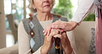 Senior, nurse and hands with cane for support, healthcare or assisted living in retirement home. Female person, health worker or caregiver with walking stick or empathy for elderly care in house