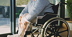 Legs, massage and senior person in wheelchair, muscle pain and old patient with physical discomfort. Self soothing, hands and elderly woman with disability, joint tension and retirement in house