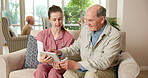 Senior, nurse and healthcare with tablet in retirement home for medical schedule or activities. Female person, health worker or caregiver talking with man or technology for elderly care app in house