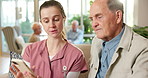 Senior, nurse and healthcare with phone in retirement home for medical schedule or activities. Female person, health worker or caregiver talking with man or smartphone for elderly care app in house