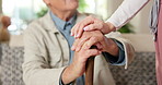 Elderly, nurse and hands with cane for support, healthcare or assisted living in retirement home. Female person, health worker or caregiver with walking stick or empathy for senior care in house
