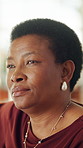Serious, woman and planning for decision, thinking and contemplating on weekend or remember memories. Lonely, reflection and mature black person with thoughts, nostalgia and pondering choice on break
