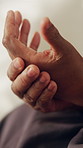 Home, person and hand pain with injury, arthritis symptoms and tension with osteoporosis. Strain, sore and massage for joint ache in house with nerve inflammation, fibromyalgia and health condition