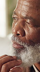 Serious, choice and senior man thinking on break, contemplating and remember past memory and lonely. Sad, reflection and elderly black person with thoughts, regret and pondering decision on weekend