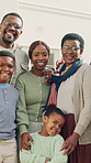 Face, family and children outdoor by home with smile, love and pride for generations bonding together. Happy, black people and kids in front yard with house, grandparents and parents with wellness.