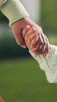 Love, holding hands and mother with child outdoor for connection, bonding or support on weekend. Trust, comfort and mom with girl kid for guidance, safety or solidarity together in backyard of house.