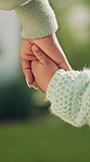 Trust, holding hands and mother with child outdoor for connection, bonding or support on weekend. Love, comfort and mom with girl kid for guidance, safety or solidarity together in backyard of house.