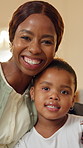 Support, mother or girl in house with face, security or bonding together in loving connection. Smile, portrait or black family in home with trust, happy moment or parent hug in healthy relationship.