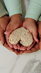 Mother, child and hands with heart for sandwich, healthy nutrition or support for wellness in home. Kitchen, caring woman and kid with love symbol for bread snack, food or bonding together from above