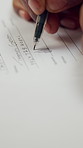 Hands, person and writing signature with document, legal application and estate settlement. Title deed, paperwork and consent with contract for asset protection, inheritance beneficiary and testament