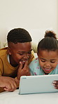 Happy, siblings and bonding with tablet in bedroom, entertainment or watching film with subscription. Family, online and black children with technology, smile and streaming movies with parent in home