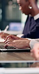 Hands, typing and meeting in business with laptop, administration or minutes report for record keeping. Person, team and draft summary in office with computer, online agenda and planning for company.