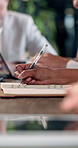 Woman, hands and writing in meeting with notebook, business schedule and planning for accounting. Administration, person and taking notes in office with diary, finance team or bookkeeping tasks to do
