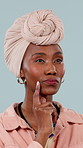 Thinking, solution and black woman with idea for problem solving or option on a studio background. Thoughtful, female person or contemplating choices with selection or wisdom for decision or planning
